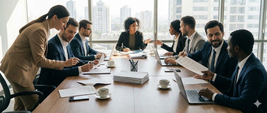 Team collaborating around a conference table